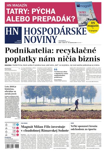Obálka e-magazínu Hospodárske noviny 23.09.2016