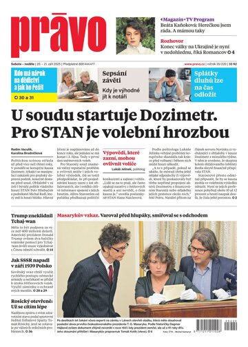 Obálka e-magazínu Deník Právo 20.9.2025