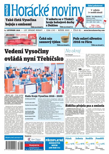 Obálka e-magazínu Horácké Noviny Pátek 4.11.2016 č. 085