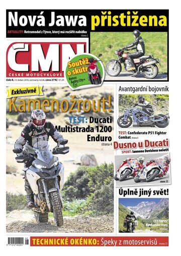 Obálka e-magazínu ČESKÉ MOTOCYKLOVÉ NOVINY 8/2016