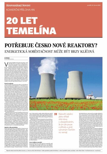 Obálka e-magazínu Hospodářské noviny - příloha 119 - 22.6.2020 příloha 20 let Temelína