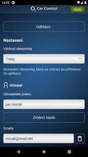 Snímek obrazovky aplikace O2 Car Control