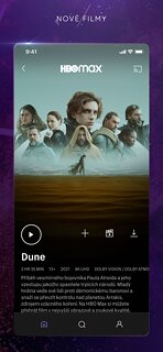 Snímek obrazovky aplikace HBO Max: Filmy a TV Seriály