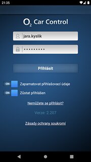 Snímek obrazovky aplikace O2 Car Control