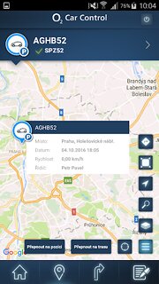 Snímek obrazovky aplikace O2 Car Control